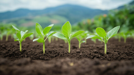 Tiny Seedlings' Hope: A captivating, low-angle shot reveals a row of tiny seedlings breaking through the rich soil, set against the backdrop of rolling hills and a brilliant blue sky.