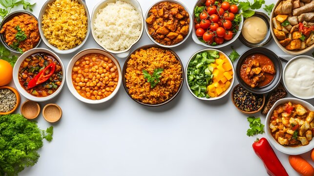A vibrant array of different foods displayed together on a table showcasing culinary diversity and flavorful options