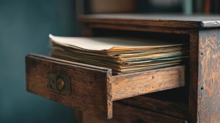 Close-up of an Open Wooden Drawer Filled with Neatly Stacked Manilla Folders and Important Papers on a Rustic Vintage Table Surface