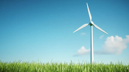 Harnessing the Wind: A solitary wind turbine stands tall in a vibrant green field under a clear, azure sky, symbolizing sustainable energy and a commitment to environmental responsibility. 