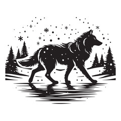 Majestic Wolf Silhouette in Snowy Landscape Detailed Vector Artwork