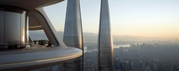 Obraz premium A futuristic skyline featuring sleek skyscrapers and a modern observation deck, basking in the warm glow of sunset over a sprawling cityscape.