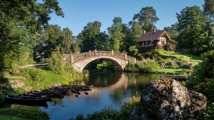 Naklejka premium Serene Landscape with Rustic Bridge Over Calm Water in Nature