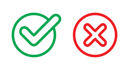 Green check mark and red cross icon. Yes-No, Approved-Disapproved, Accepted-Rejected, Right-Wrong, Green-Red, Ok-Not Ok. Vector illustration