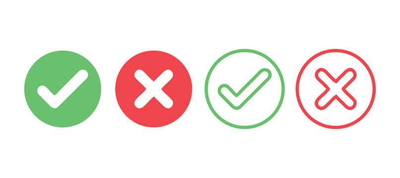 Green check mark and red cross icon. Yes-No, Approved-Disapproved, Accepted-Rejected, Right-Wrong, Green-Red, Ok-Not Ok. Vector illustration