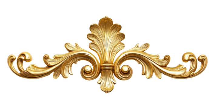 Golden decorative floral element, isolated on a transparent background