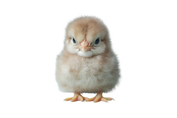 Obraz premium Adorable, fluffy chick standing confidently on a white background, showcasing the cuteness of young birds.