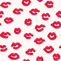 Hand painted luscious red lip kisses in a color palette of pink, red and peach on cream background. Valentine's seamless vector pattern. Great for home decor, fabric, wallpaper, gift wrap, stationery.