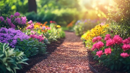 Obraz premium Vibrant garden path lined with colorful flowers in full bloom. Perfect for spring, summer, nature, and garden themes.