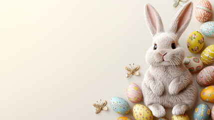 Obraz premium cute bunny surrounded by colorful Easter eggs and butterflies on light background