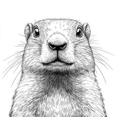 A detailed black-and-white illustration of a marmot, showcasing its distinct facial features and fur texture.