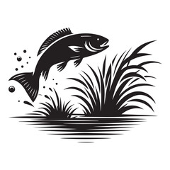 Fish Jumping Silhouette Vector Illustrates Aquatic Life Fresh Water