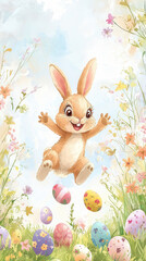 Fototapeta premium Cheerful bunny jumping among colorful Easter eggs in spring meadow