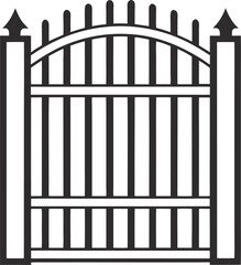 Fototapeta premium black and white line art showcases a classic, arched metal gate with vertical slats.
