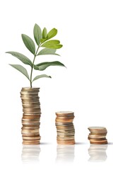 Nice fresh leaf is growing from coins isolated on white background