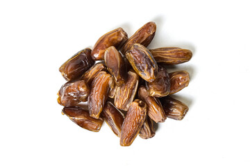 Top view of kurma tunisia or sweet dried dates palm fruits. Dates fruit isolated on white background. Clipping path.