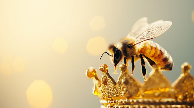 Majestic Bee in the Spotlight: A close-up shot captures a honeybee perched atop a golden crown, symbolizing its regal presence, set against a backdrop of shimmering bokeh.