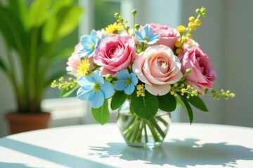 Obraz premium A delicate arrangement of pastel roses and wildflowers, nestled in a clear glass vase, bathed in sunlight on a pristine white table