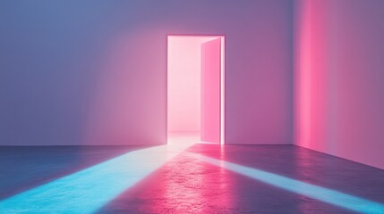 A vibrant, open door emits colorful light beams in a minimalist space, creating a surreal ambiance of possibility and exploration.