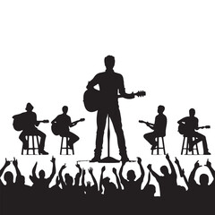 Musical Concert Silhouette Vector Scene with Guitarists and Crowd