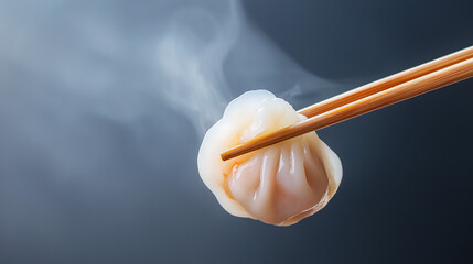 Steaming Delight: A close-up showcases a delectable, steaming dumpling, held delicately by chopsticks against a minimalist backdrop, emphasizing the fresh ingredients and culinary art.