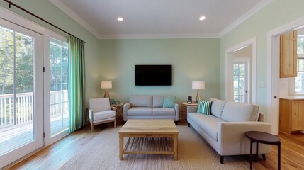 Fototapeta premium A bright, modern living room featuring a green wall, comfortable seating, and large windows allowing natural light.