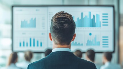 A business professional analyzes data presented on large screens in a modern office setting.