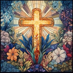 Stained-glass artwork depicts a golden cross at the center, illuminated by light rays amidst a lush floral backdrop, capturing a serene and spiritual atmosphere