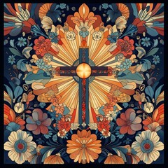 This captivating stained-glass window artwork features a central cross, embellished with intricate floral and butterfly designs, radiating color and beauty through delicate details
