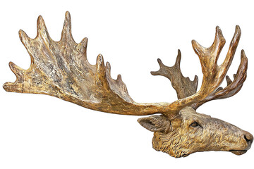 Realistic sculpture of a majestic moose head with impressive antlers, showcasing detailed craftsmanship on a white isolated background.