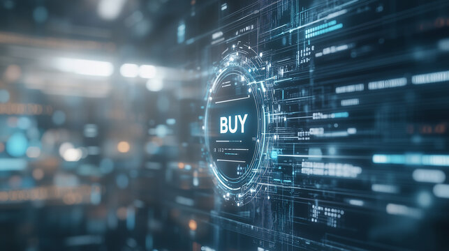 Digital Buy Button: An abstract digital display prominently features a glowing "BUY" button amidst a complex network of data streams, representing modern technology and e-commerce.
