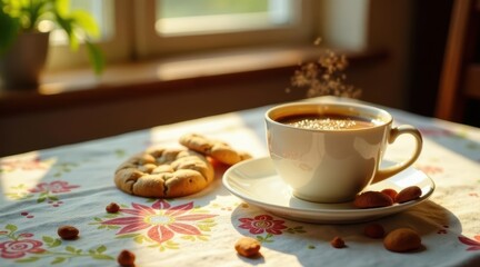 Fototapeta premium Aromatic Coffee Steaming in a White Mug Beside Sweet Baked Goods on a Floral Tablecloth in Sunlight