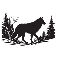Majestic wolf silhouette in winter forest scenic illustration