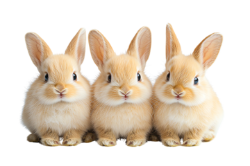 Three adorable fluffy rabbits lined up against a white isolated background.