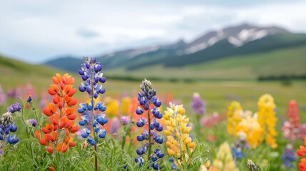 Obraz premium A vibrant field of colorful flowers with mountains in the background, showcasing nature's beauty under a cloudy sky.