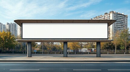 Obraz premium Large blank billboard on city street with autumn trees and apartment buildings in background.