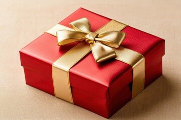 Fototapeta premium Red gift box with gold ribbon, elegantly tied. Perfect for holidays, birthdays, or celebratory occasions.