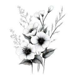 This artwork features a gentle hand-drawn ink sketch highlighting delicate flowers and slender foliage, capturing the elegance of nature with intricate details and soft lines