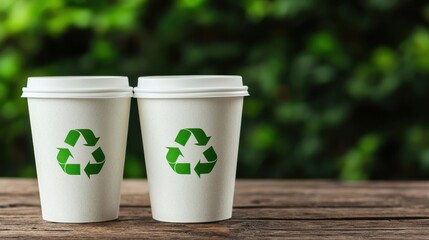 Two recyclable coffee cups sit on a wooden surface, surrounded by lush greenery, emphasizing sustainability and eco-friendliness.
