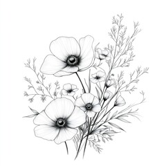 Fototapeta premium A gentle hand-drawn sketch captures delicate flowers in full bloom, surrounded by intricate foliage, evoking a sense of tranquility and appreciation for nature's artistry