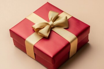 Obraz premium Red gift box with gold ribbon, elegantly tied bow. Perfect for holidays, birthdays, or special occasions, symbolizes celebration and gifting.