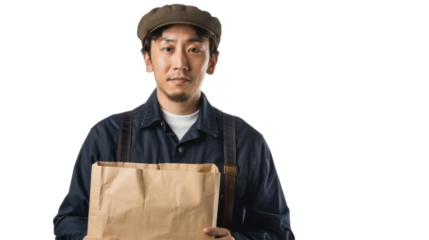 Farmer holding paper bag on transparent background