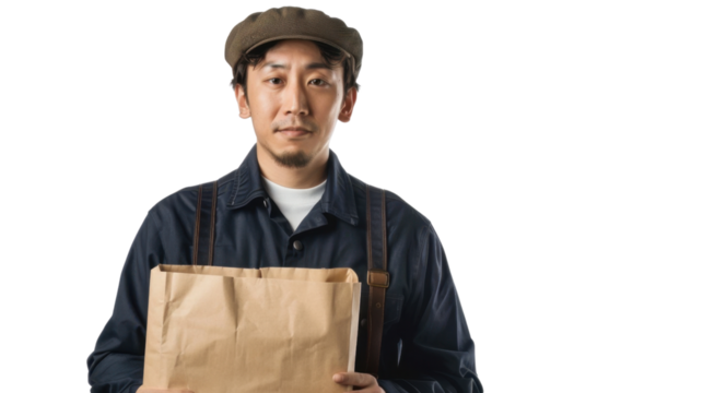 Farmer holding paper bag on transparent background