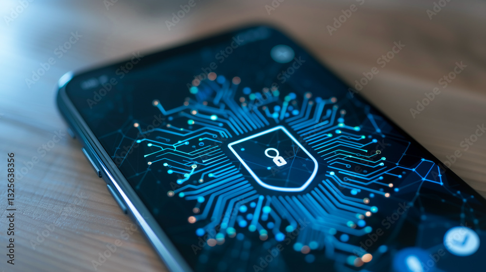 Poster digital fortress: a close-up captures a smartphone screen displaying a digital security shield, repr
