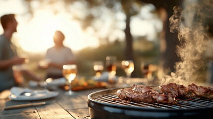 Sizzling BBQ: Capturing the convivial atmosphere of a sun-drenched outdoor gathering, with a barbecue sizzling in the foreground, promising a feast.