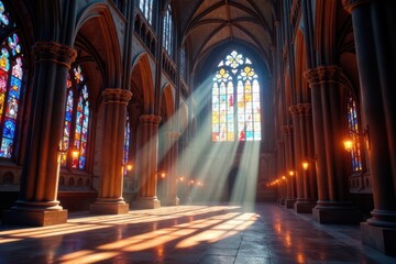 Fototapeta premium Sunbeams Illuminate Grand Cathedral Interior with Stained Glass Windows and Ornate Columns