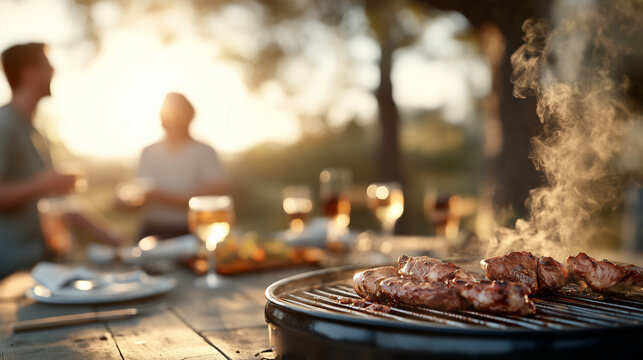 Sizzling BBQ: Capturing the convivial atmosphere of a sun-drenched outdoor gathering, with a barbecue sizzling in the foreground, promising a feast.