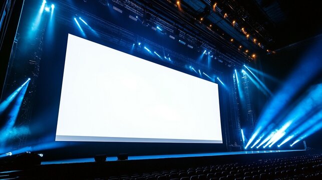 Large blank screen on a dark stage with blue lighting, ready for a presentation or event.