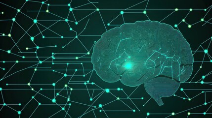 Digital Brain Circuitry Network Glowing Teal Green Lines Dark Background