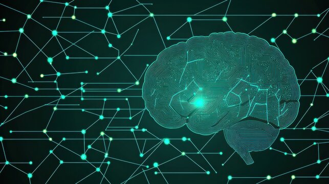 Digital Brain Circuitry Network Glowing Teal Green Lines Dark Background
